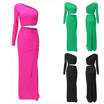 Женское однотонное платье с асимметричным вырезом на талии и длинными рукавами L чёрный