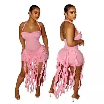 Женское однотонное платье с бахромой и сумкой на шее, модное платье S зелёный