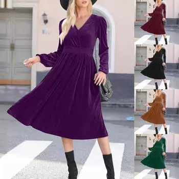 Женское однотонное платье с длинным рукавом, V-образным вырезом, плиссированное платье макси с высокой талией L чёрный