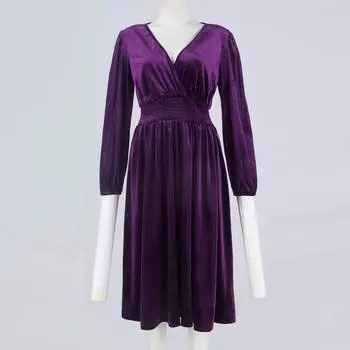 Женское однотонное платье с длинным рукавом, V-образным вырезом, плиссированное платье макси с высокой талией S