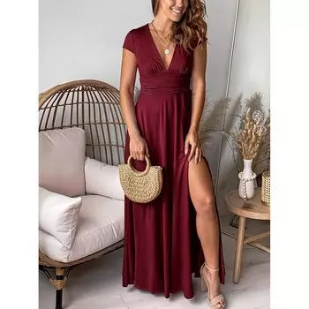 Женское однотонное платье с глубоким v-образным вырезом и короткими рукавами и длинными рукавами, плиссированные вечерние платья с высокой талией и разрезом для клубных вечеринок S чёрный