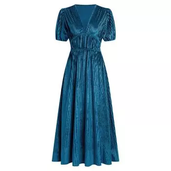 Женское однотонное платье с коротким рукавом, сексуальное бархатное, с V-образным вырезом, вечернее платье с высокой талией L синий