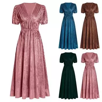 Женское однотонное платье с коротким рукавом, сексуальное бархатное, с V-образным вырезом, вечернее платье с высокой талией L синий