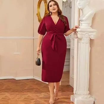 Женское однотонное платье с короткими рукавами, V-образным вырезом, в европейском стиле и свободным кроем на шнуровке L бордовый