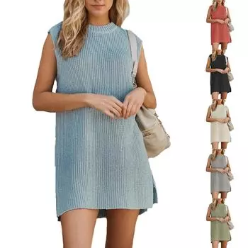 Женское однотонное платье с круглым вырезом, сексуальное, удобное, модное, для поездок на работу, с разрезом L