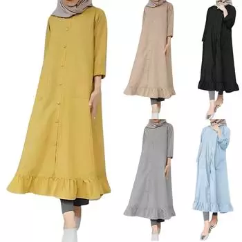 Женское однотонное платье с круглым вырезом, пуговицами, карманами с контролем доступа, длинными рукавами, оборками, длинными рукавами, свободным подолом, длинное платье-халат XXXL хаки