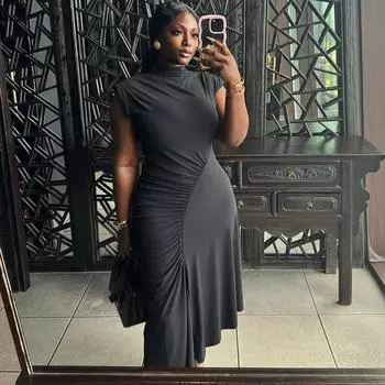 Женское однотонное платье с круглым вырезом, рукавами, без рукавов, повседневное, темпераментное, нестандартное платье S чёрный