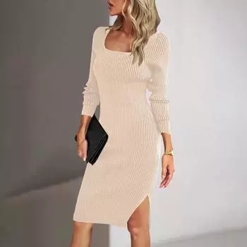 Женское однотонное платье с квадратным вырезом, элегантное, с запахом на бедрах, с длинной юбкой, шерстяное, облегающее платье L бежевый