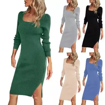 Женское однотонное платье с квадратным вырезом, элегантное, с запахом на бедрах, с длинной юбкой, шерстяное, облегающее платье L бежевый