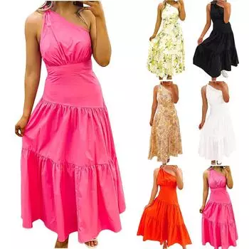 Женское однотонное платье с напуском на одно плечо в курортном стиле L чёрный