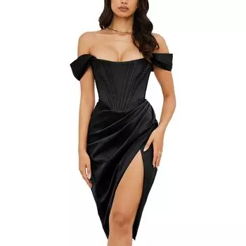 Женское однотонное платье с открытыми плечами и высокой талией по бокам L чёрный