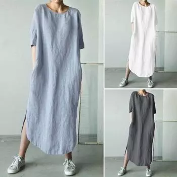 Женское однотонное платье с разрезом по бокам и круглым вырезом и половиной рукава S белый