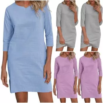 Женское однотонное платье с рукавами 3/4, летние свободные пуловеры с круглым вырезом, платья XXL серый