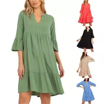 Женское однотонное платье с v-образным вырезом, сексуальное платье, повседневное пляжное праздничное платье, темпераментное платье трапециевидной формы L бежевый