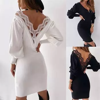 Женское однотонное платье с v-образным вырезом на талии, модное сексуальное кружевное платье с открытой спиной XXXL чёрный