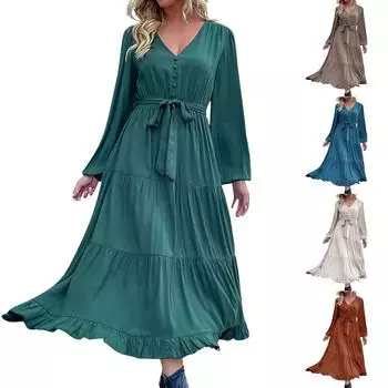 Женское однотонное платье с V-образным вырезом на талии, с длинным рукавом и плиссированной панелью L хаки