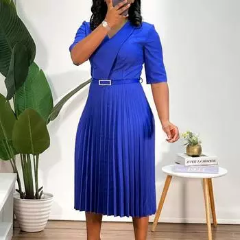 Женское однотонное платье с V-образным вырезом в стиле плиссировки S синий