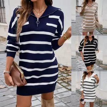 Женское однотонное платье-свитер с круглым вырезом, свободным двухцветным полосатым узором и длинными рукавами S белый