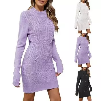 Женское однотонное платье-свитер с круглым вырезом, длинное трикотажное платье с бисером и запахом на бедрах L чёрный