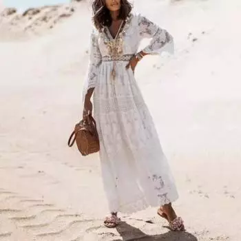 Женское однотонное платье свободного кроя с длинными рукавами и V-образным вырезом L абрикосовый