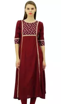 Женское однотонное платье трапециевидной формы Bimba из вискозы Kurti Lace Kurta 3 4 без рукавов Дизайнерское этническое 10 малиновый