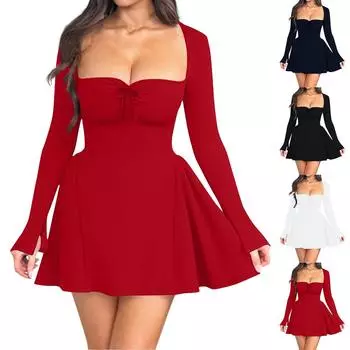 Женское однотонное платье-труба с высокой талией, облегающее сексуальное платье принцессы с длинным рукавом L чёрный