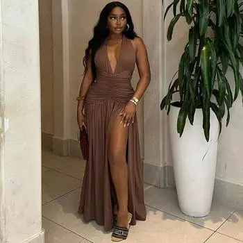 Женское однотонное платье в европейском и американском стиле, сексуальное, без рукавов, с глубоким V-образным вырезом и разрезом, темпераментная повседневная юбка с завышенной талией S белый