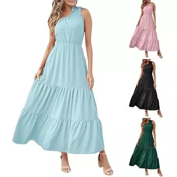 Женское однотонное плиссированное платье без рукавов с большим подолом на одно плечо L чёрный