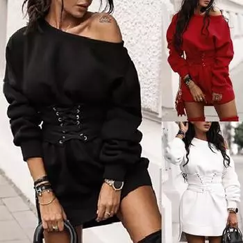 Женское однотонное плотное флисовое платье с длинными рукавами + пояс-повязка M чёрный