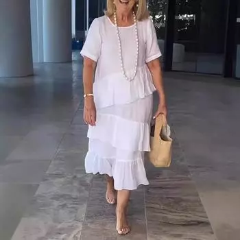 Женское однотонное повседневное длинное платье из хлопка и льна с круглым вырезом и короткими рукавами в складку L