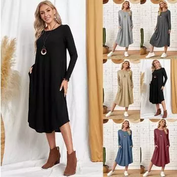 Женское однотонное повседневное карманное платье с длинным рукавом и круглым вырезом, свободное длинное платье S чёрный