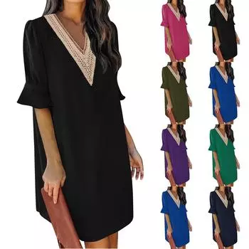 Женское однотонное повседневное летнее платье с v-образным вырезом и рюшами и короткими рукавами, платье с пышными рукавами, кружевное платье с v-образным вырезом L