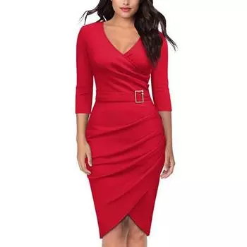 Женское однотонное повседневное офисное платье длиной до колена с рукавом три четверти и V-образным вырезом L чёрный