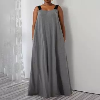 Женское однотонное повседневное платье без рукавов больших размеров, женское свободное длинное платье с карманом, макси-сарафан 1XL светло-серый