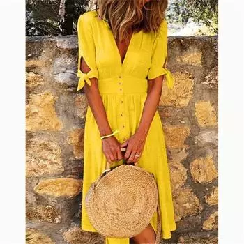 Женское однотонное повседневное платье больших размеров с V-образным вырезом, шнуровкой и короткими рукавами XS жёлтый