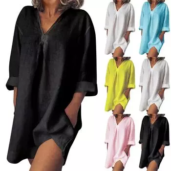 Женское однотонное повседневное платье из хлопка и льна с v-образным вырезом и рукавами три четверти L чёрный