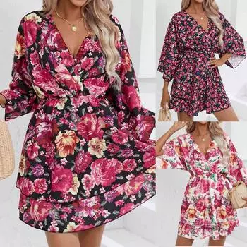 Женское однотонное повседневное платье с короткими рукавами и принтом, удобная туника с v-образным вырезом, тонкое мини-платье L чёрный