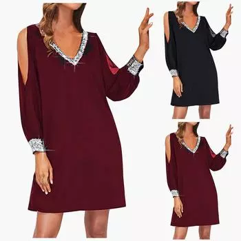 Женское однотонное повседневное платье с v-образным вырезом и рукавами с блестками и открытыми плечами XXL чёрный