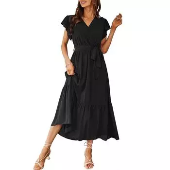 Женское однотонное повседневное платье с v-образным вырезом и оборками L чёрный