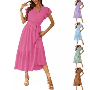 Женское однотонное повседневное платье с v-образным вырезом и оборками L