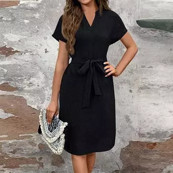 Женское однотонное повседневное платье средней длины с V-образным вырезом, коротким рукавом и поясом-бантом M чёрный