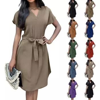 Женское однотонное повседневное платье средней длины с V-образным вырезом, коротким рукавом и поясом-бантом L чёрный