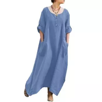 Женское однотонное повседневное платье свободного кроя из хлопка и льна с длинным рукавом и круглым вырезом L белый