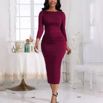 Женское однотонное повседневное плиссированное облегающее платье с длинными рукавами и запахом на ягодицах M винный