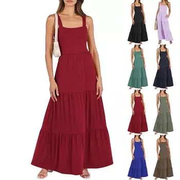 Женское однотонное повседневное повседневное платье без рукавов с карманами и ремнями L