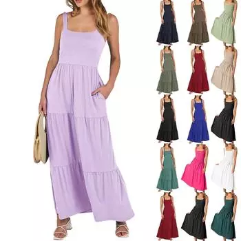 Женское однотонное повседневное повседневное платье без рукавов с карманами и ремнями L армия зеленый