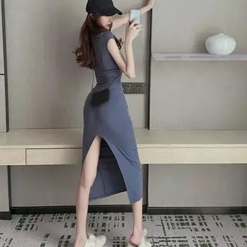 Женское однотонное повседневное сексуальное облегающее платье с разрезом, летнее без рукавов, дамское платье средней длины M