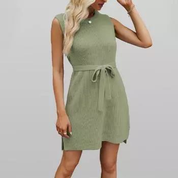 Женское однотонное повседневное свободное платье без рукавов с круглым вырезом S серый