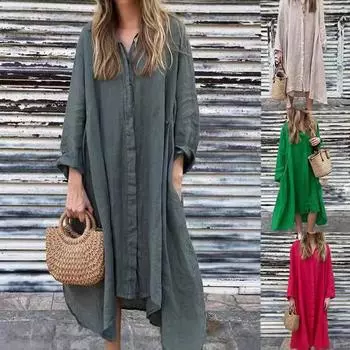 Женское однотонное повседневное свободное платье-рубашка с длинными рукавами и лацканами 4XL абрикосовый