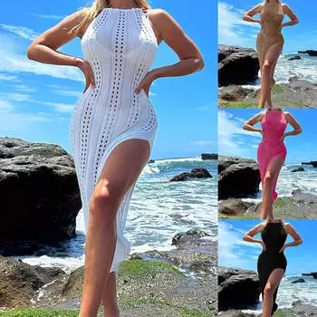 Женское однотонное повседневное удобное трикотажное мини-платье без рукавов с вырезом L чёрный